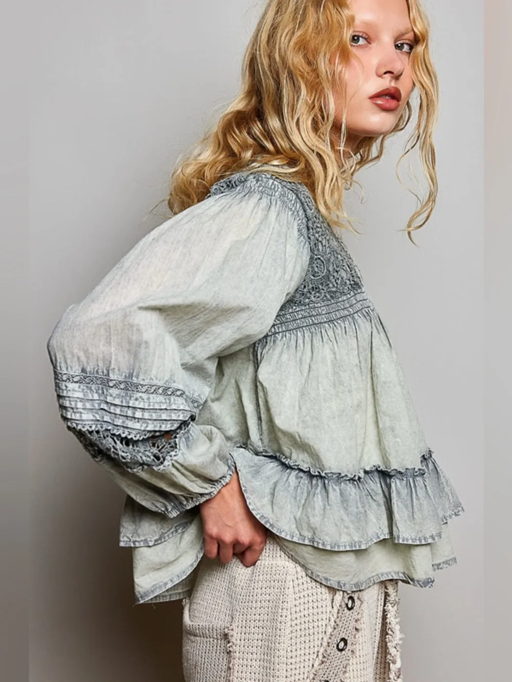 POL Washed Ruffle Button-Front Blouse - Picture 4 of 4